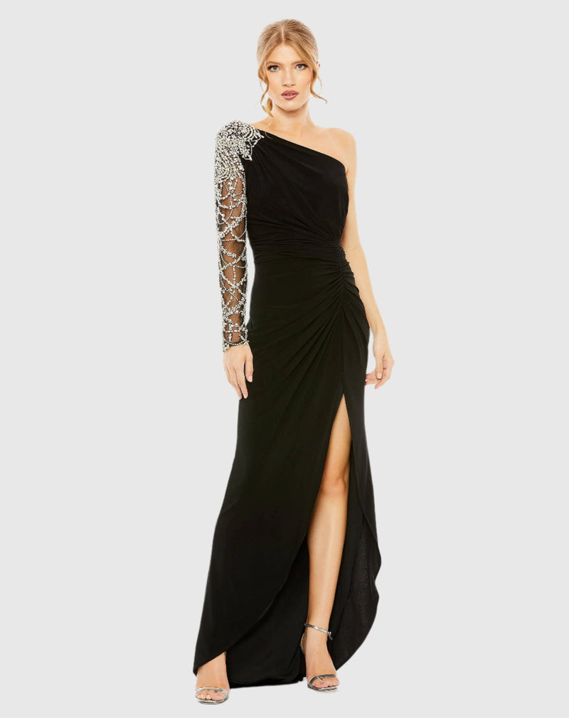 Mac Duggal, One shoulder asymmetric long sleeve gown - Black #2215