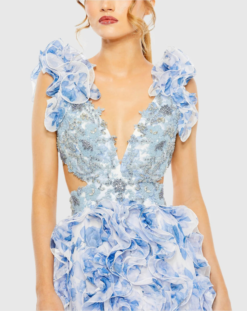 Floral cut out ruffle layered gown - Blue