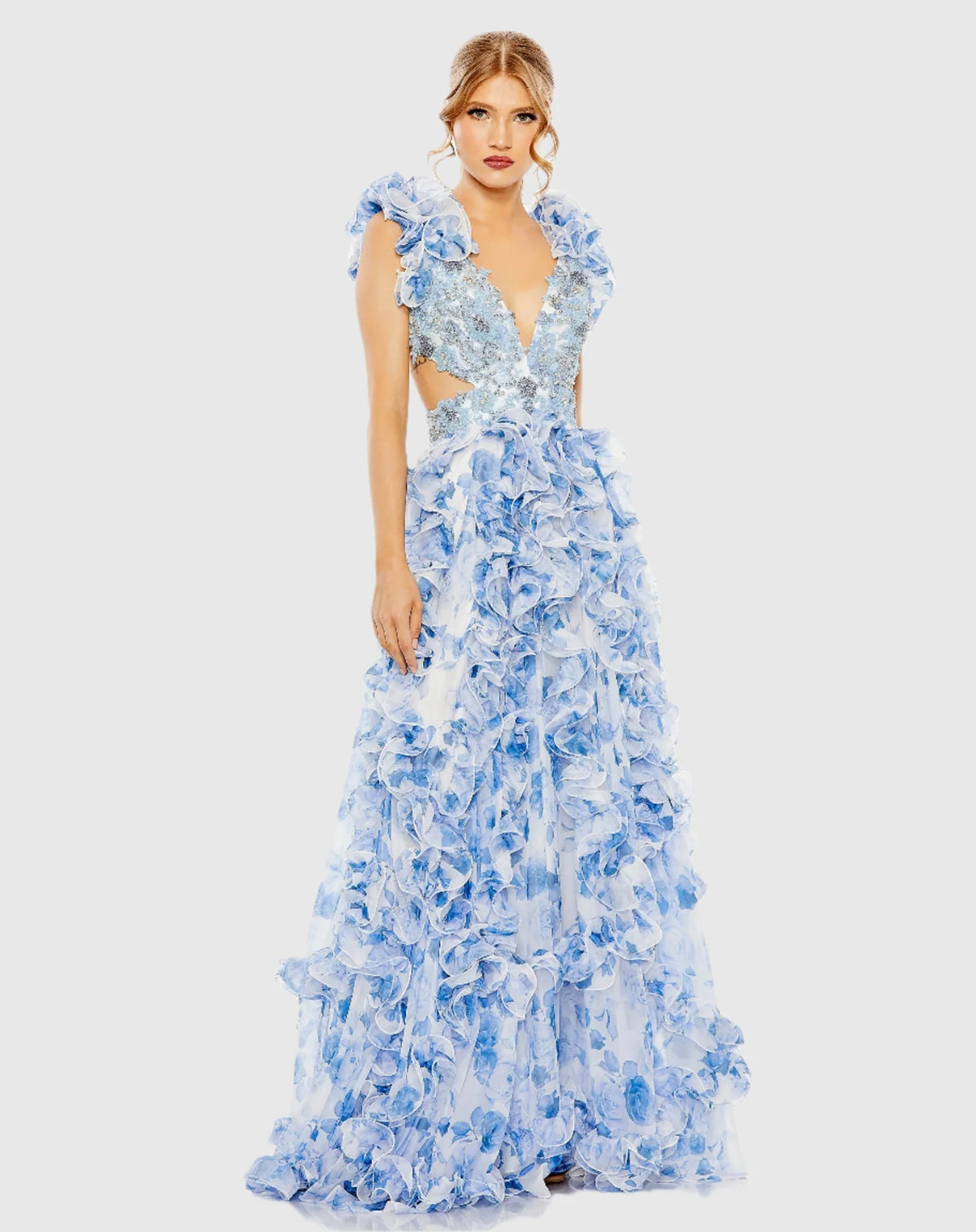 Mac Duggal Floral cut out ruffle layered gown - Blue #2220