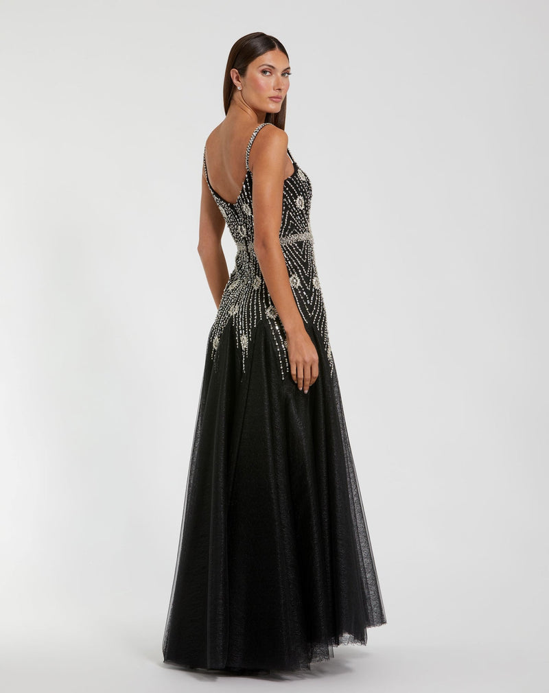 Black Slim Strap Embellished Bustier Gown - Black