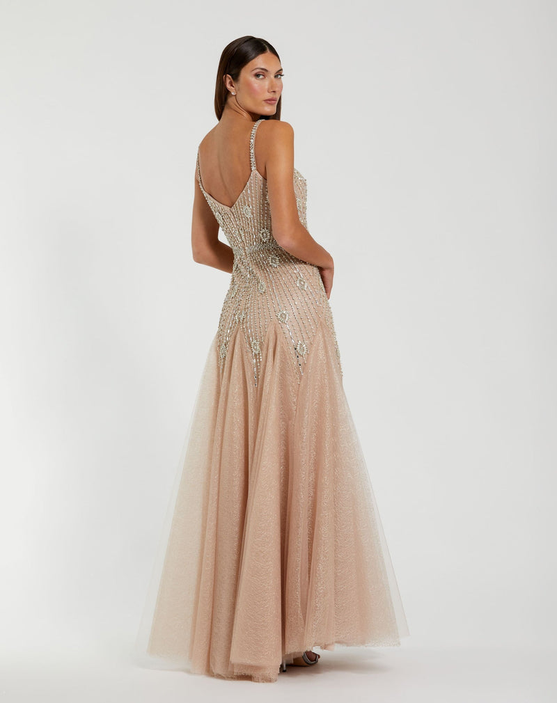 Black Slim Strap Embellished Bustier Gown - Nude