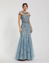 Mac Duggal #2239 Sheer Top Embellished Mermaid Gown - Slate Blue 