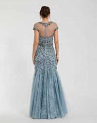 Sheer Top Embellished Mermaid Gown - Slate Blue