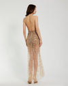 Halter Top Heavily Embellished Sheer Gown - Nude Silver