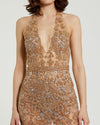 Halter Top Heavily Embellished Sheer Gown - Nude Silver