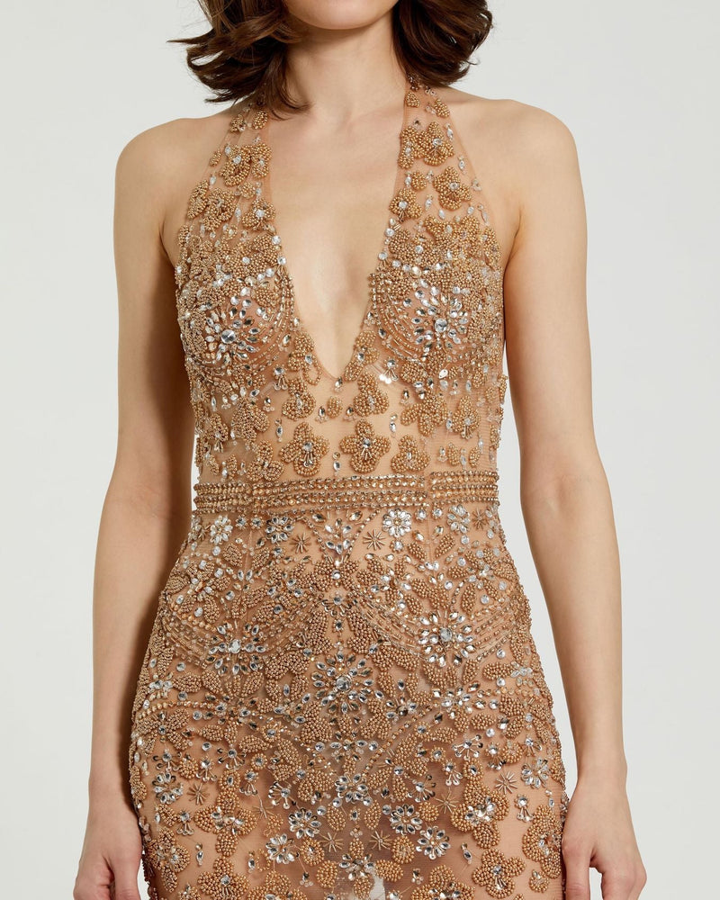 Halter Top Heavily Embellished Sheer Gown - Nude Silver