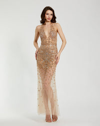 Mac Duggal #2241 Halter Top Heavily Embellished Sheer Gown, Nude Silver