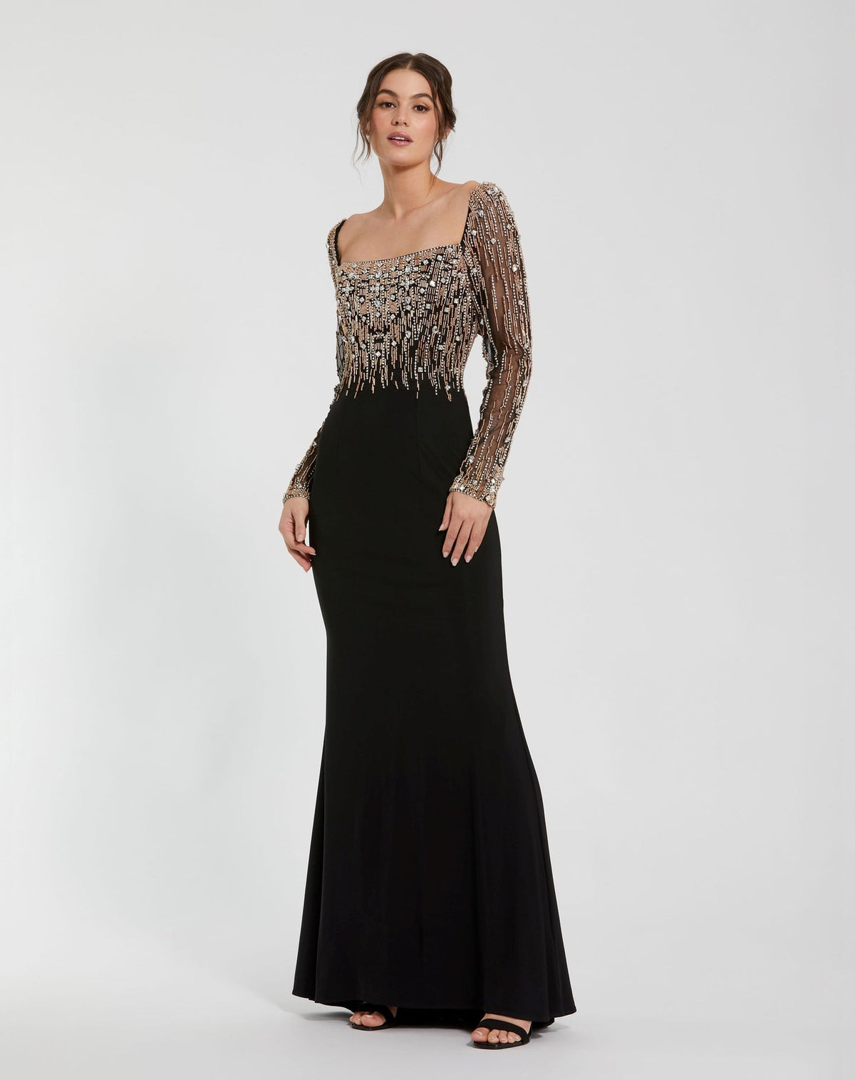 Mac Duggal #2256 Beaded Square Neck Long Sleeve Tudor Gown - Black