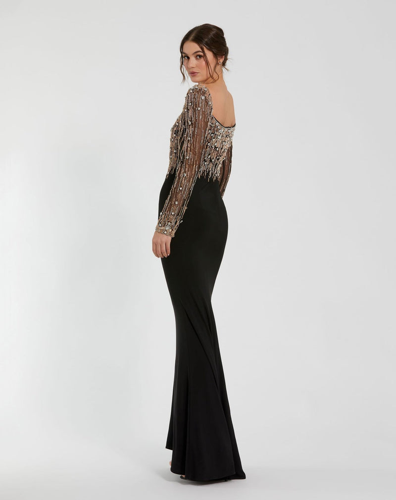 Beaded Square Neck Long Sleeve Tudor Gown - Black