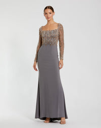 Mac Duggal #2256 Beaded Square Neck Long Sleeve Tudor Gown