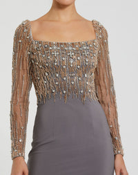 Beaded Square Neck Long Sleeve Tudor Gown - Platinum