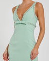 Green Crepe Fitted Midi Dress With Bow And Beaded Trim - Sage