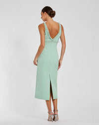 Green Crepe Fitted Midi Dress With Bow And Beaded Trim - Sage