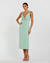 Mac Duggal Green Crepe Fitted Midi Dress With Bow And Beaded Trim, Sage