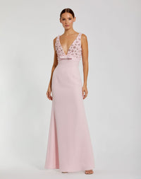 Mac Duggal Pink Crepe Sleeveless Beaded V Neck Gown With Bow #2278 - Blush Bridesmaids Dress 