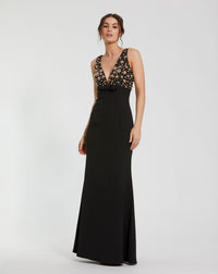 Pink Crepe Sleeveless Beaded V Neck Gown With Bow - Black