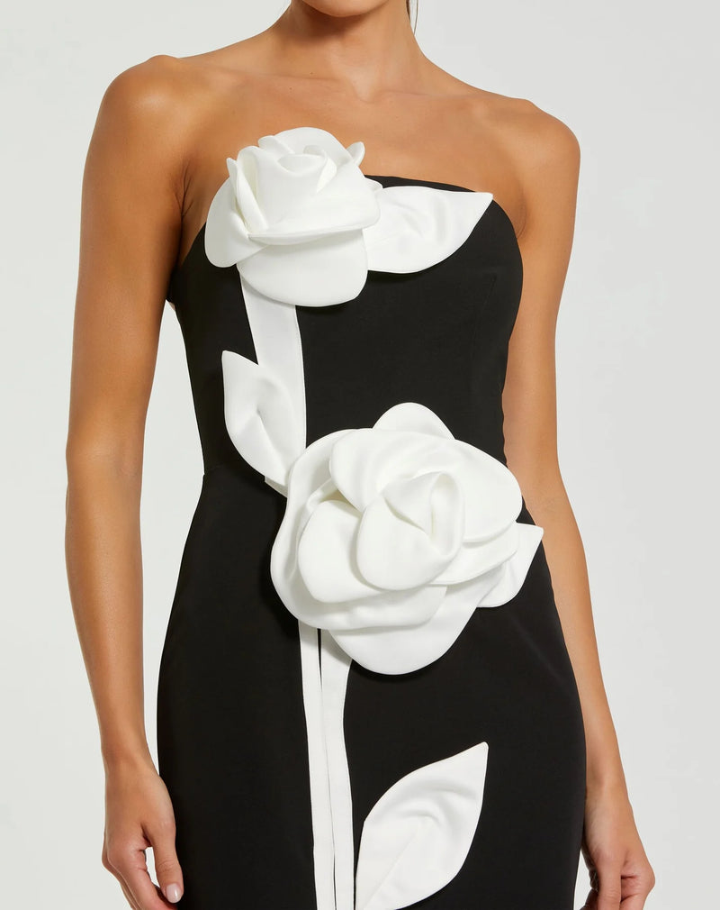 Strapless Crepe Ankle Dress With 3D Satin Flowers - Black