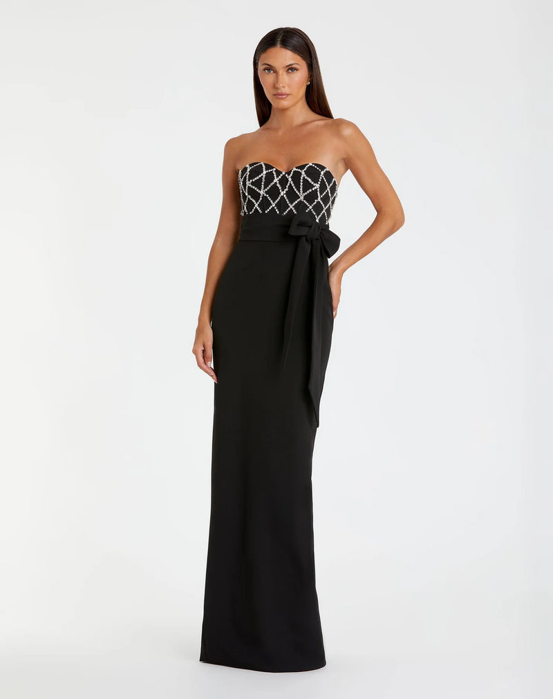 Mac Duggal Black Strapless Crepe Embellished Bustier Gown With Bow Black #2294