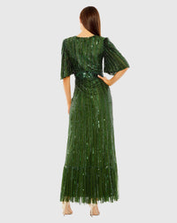 Flutter Sleeve Sequin Gown - Emerald