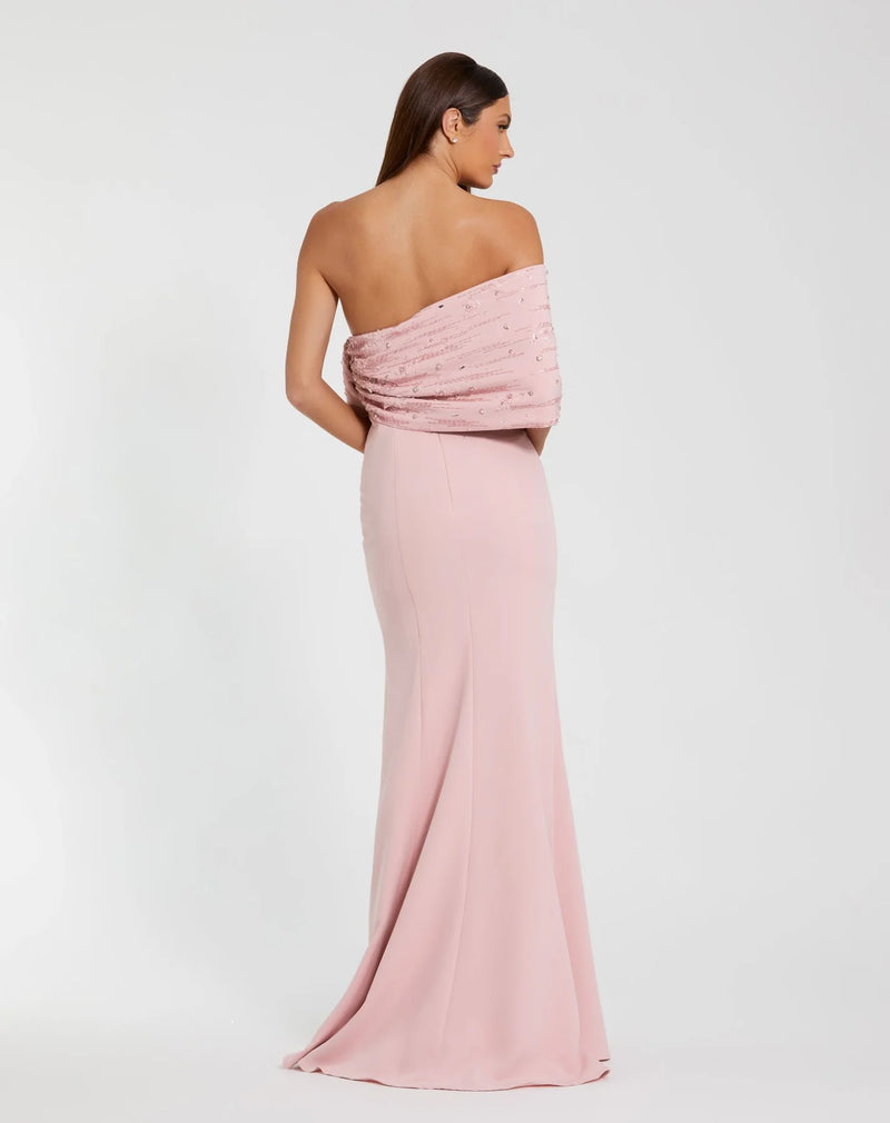 Beaded Off The Shoulder Bow Satin Mermaid Gown - Blush Pink