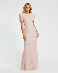 Mac Duggal, Pink Gathered Short Sleeve Beaded Gown, #24003 Blush Pink