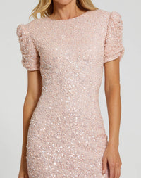 Pink Gathered Short Sleeve Beaded Sequin Gown - Blush Pink