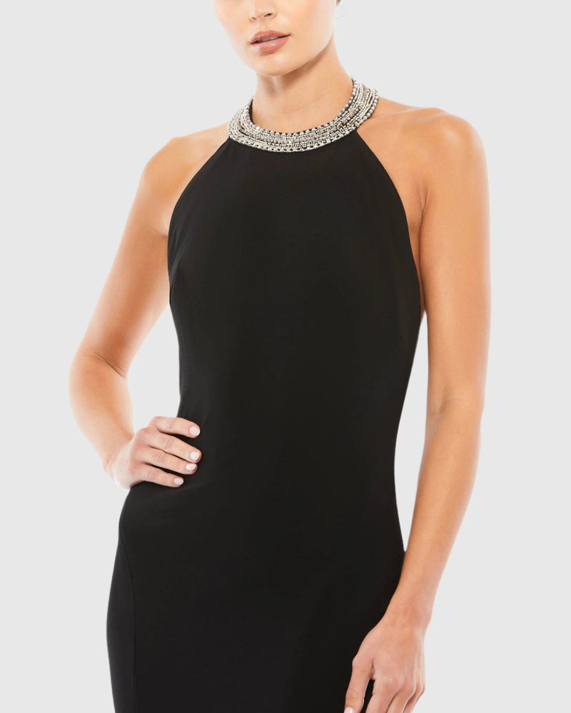 Halterneck beaded detail elegant gown - Black