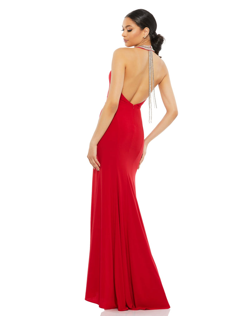 MAC DUGGAL, BEADED HALTER JERSEY GOWN, Style #25572 RED