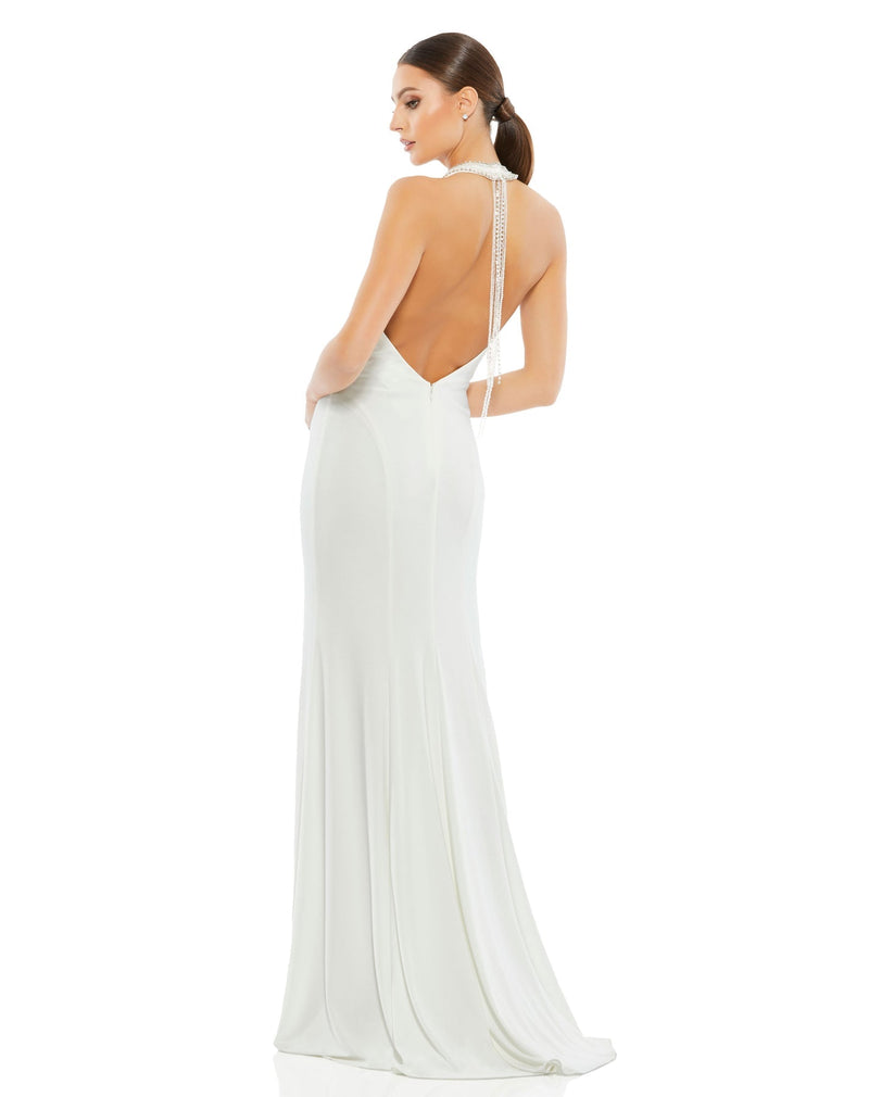MAC DUGGAL, BEADED HALTER JERSEY GOWN, Style #25572, WHITE BACK
