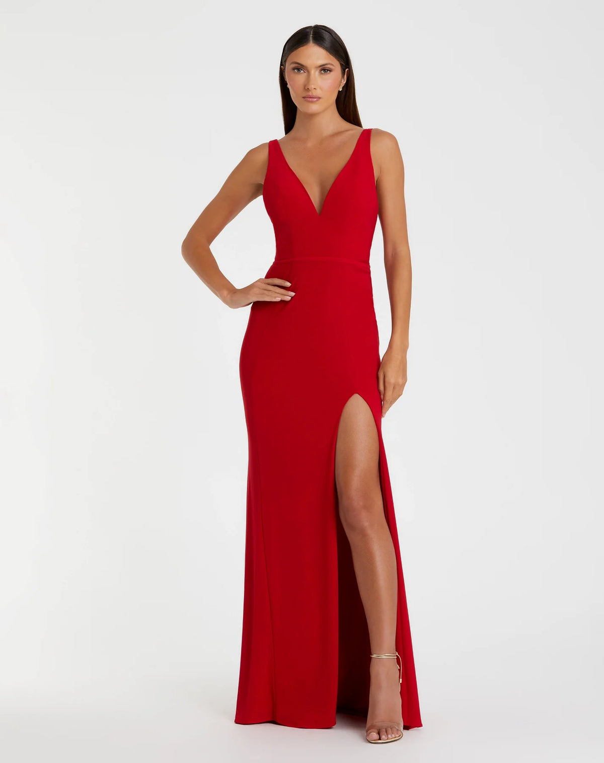 Mac Duggal, Vampy Plunge Red Bodycon Evening Gown w Side Split #25846 