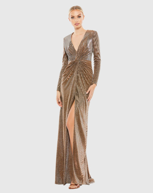 Mac Duggal, Long sleeve front twist V neck gown - Bronze #261941