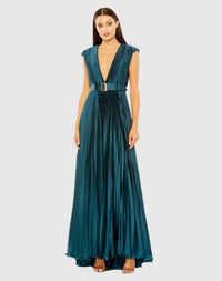 Pleated Plunge Neck Belted A Line Gown - Lemon