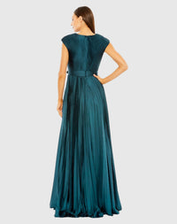 Pleated Plunge Neck Belted A Line Gown - Lemon