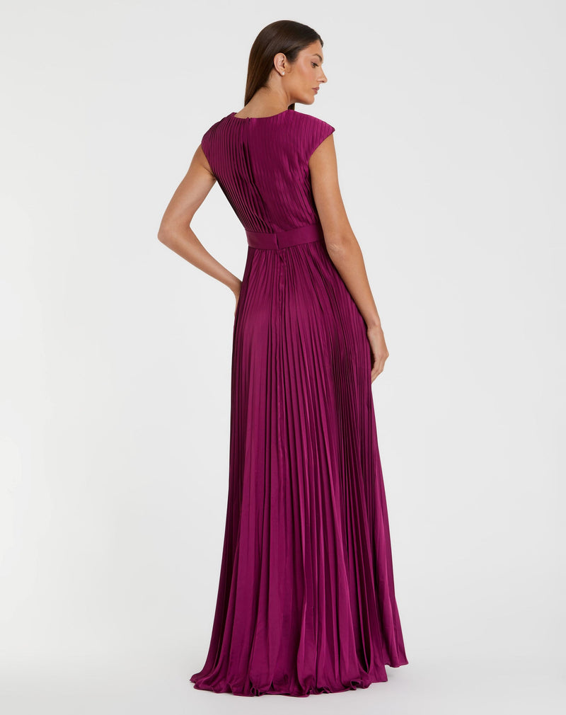 Pleated Plunge Neck Belted A Line Gown - Lemon