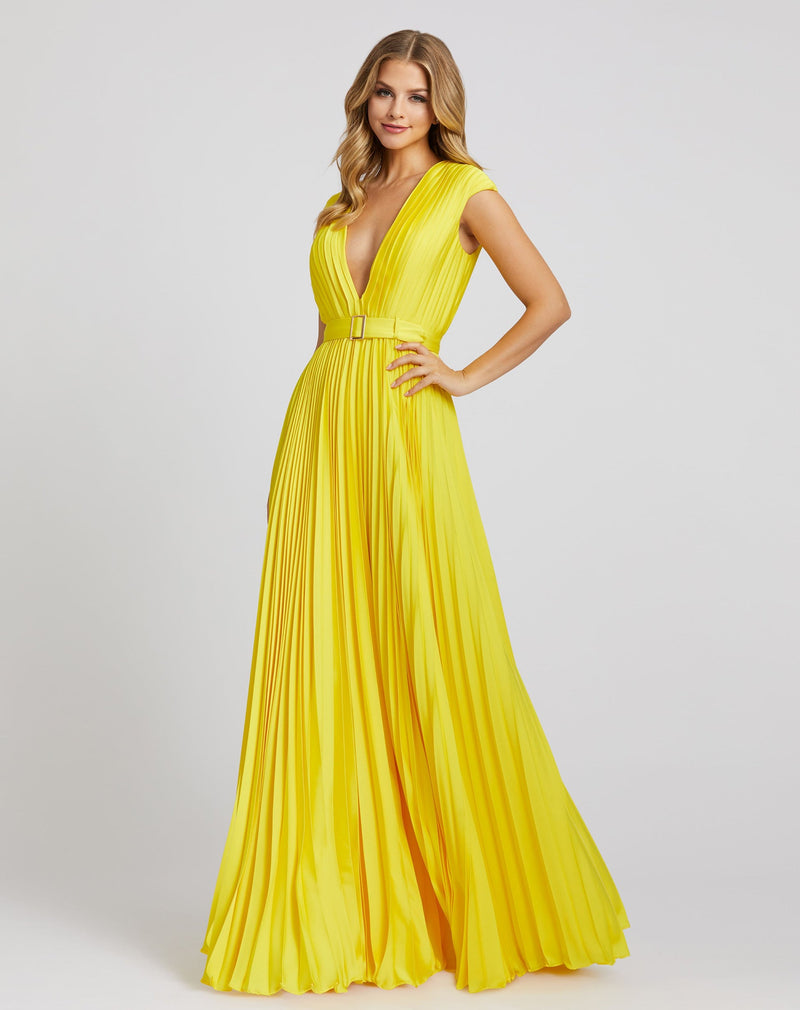 Pleated Plunge Neck Belted A Line Gown - Lemon