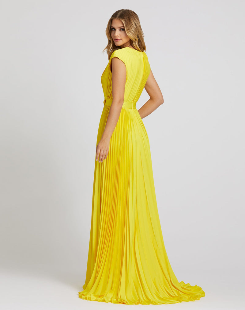 Pleated Plunge Neck Belted A Line Gown - Lemon