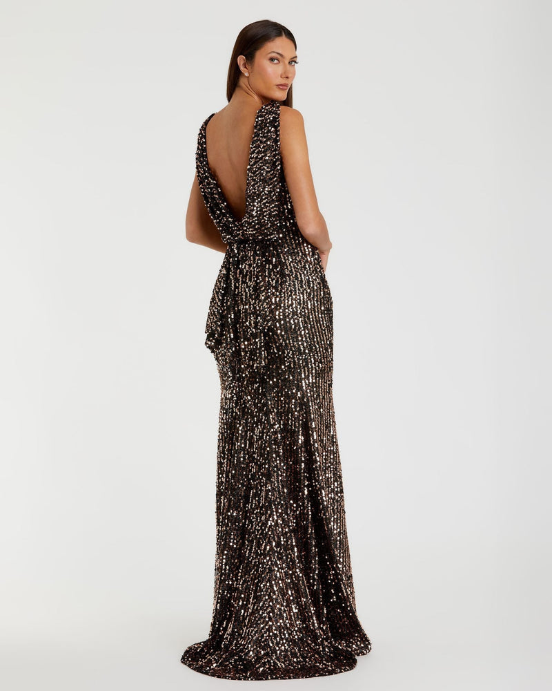 Green Cowl Back Bow Back Evening Gown - Bronze