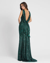 Green Cowl Back Bow Back Evening Gown - Emerald Sequin