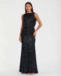 Mac Duggal Bow Back Cowl Back Boat Neck Sequined Evening Gown #26331 Midnight Blue |