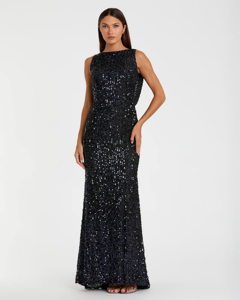 Mac Duggal Bow Back Cowl Back Boat Neck Sequined Evening Gown #26331 Midnight Blue |