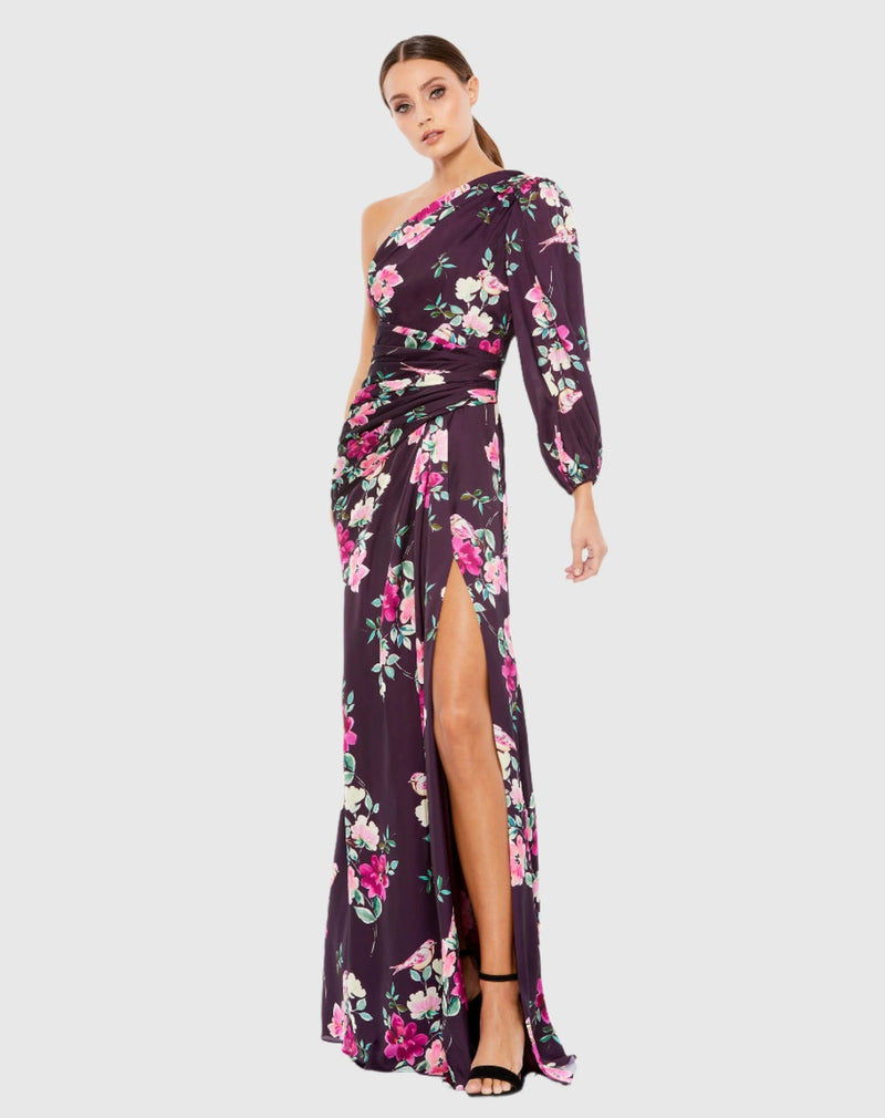 Plum floral print one sleeve gown - Floral