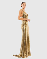 Metallic faux wrap spaghetti strap gown - Bronze