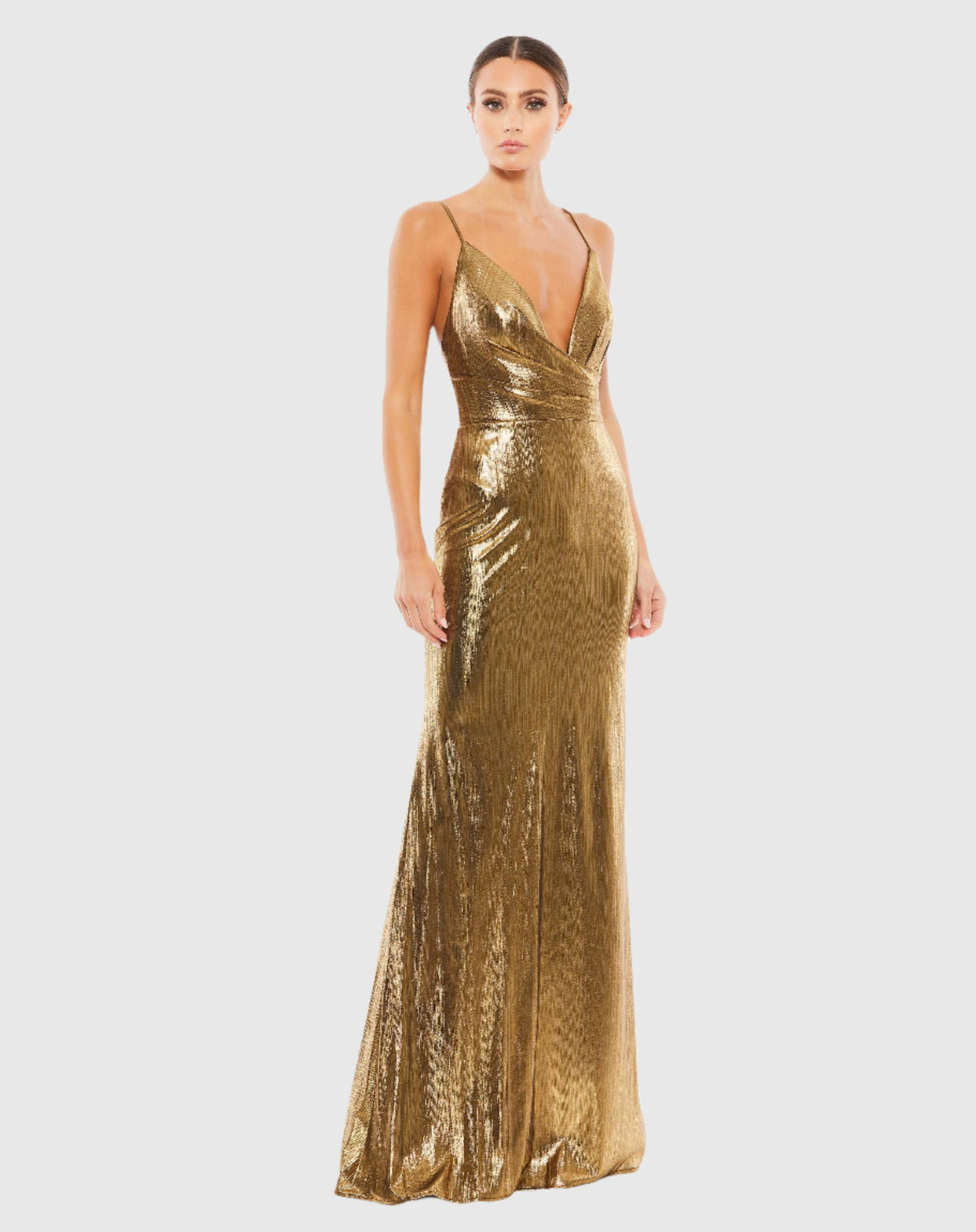 Mac Duggal Gold Metallic Faux Wrap Spaghetti Strap Gown #26408