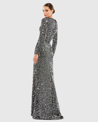 Long Sleeve Sequin Gown - Midnight