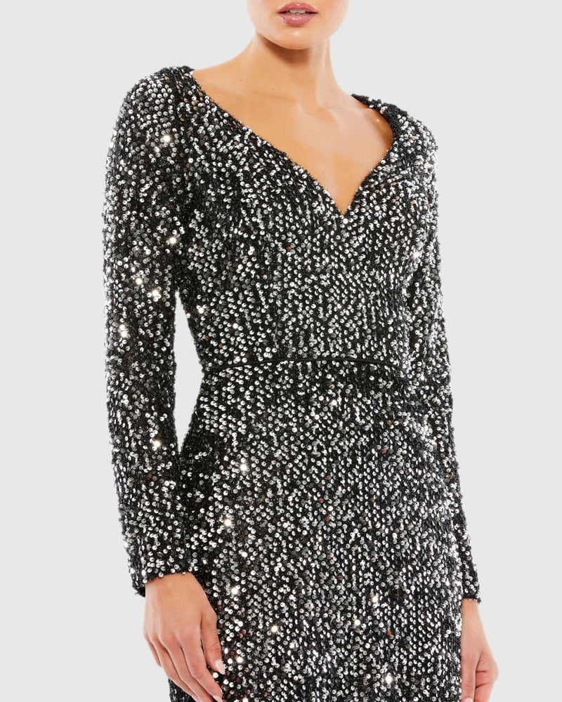 Long Sleeve Sequin Gown - Midnight