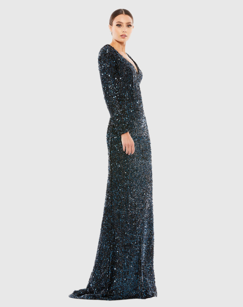 Long Sleeve Sequin Gown - Midnight