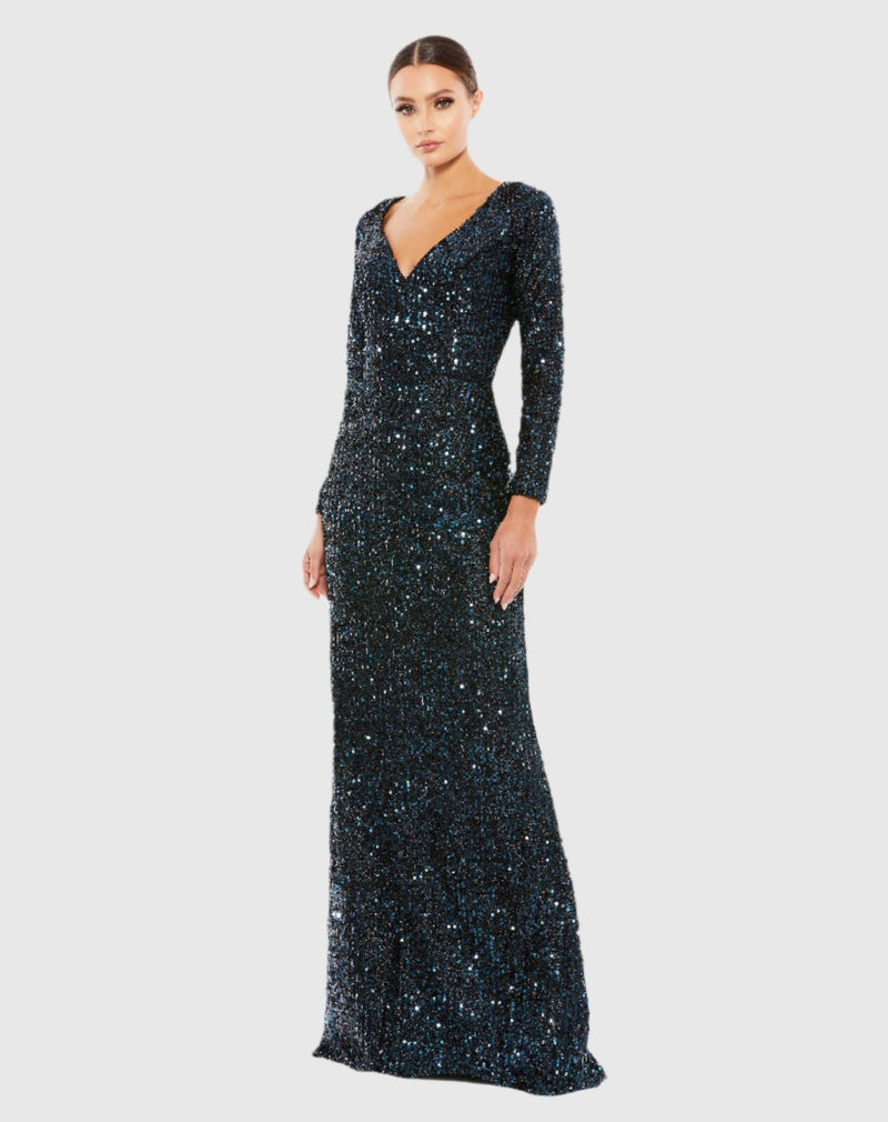 Long Sleeve Sequin Gown - Midnight