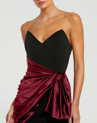 Two Tone Draped Strapless Trumpet Gown - Black Plum