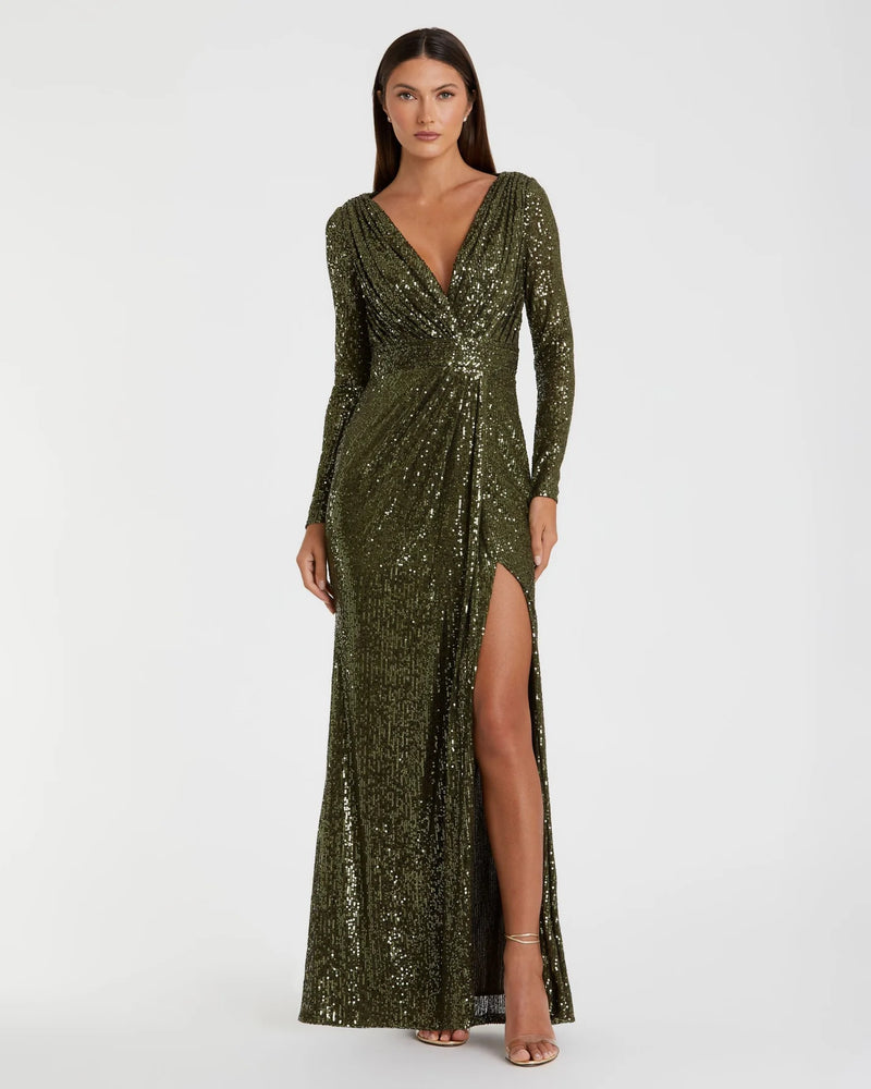 Mac Duggal Sequined Long Sleeve Gown #26490 Olive