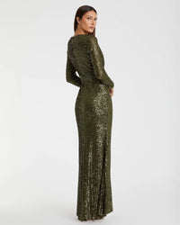 Sequin Long Sleeve Gown - Olive